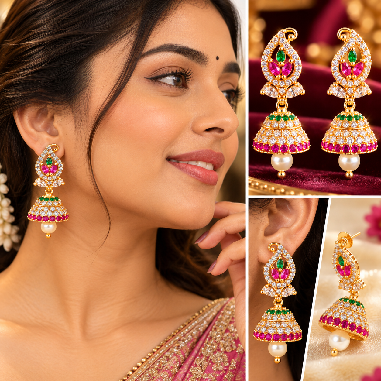 Navratna Style Paisley Multi-Stone CZ Pearl Gold Jhumka Earrings